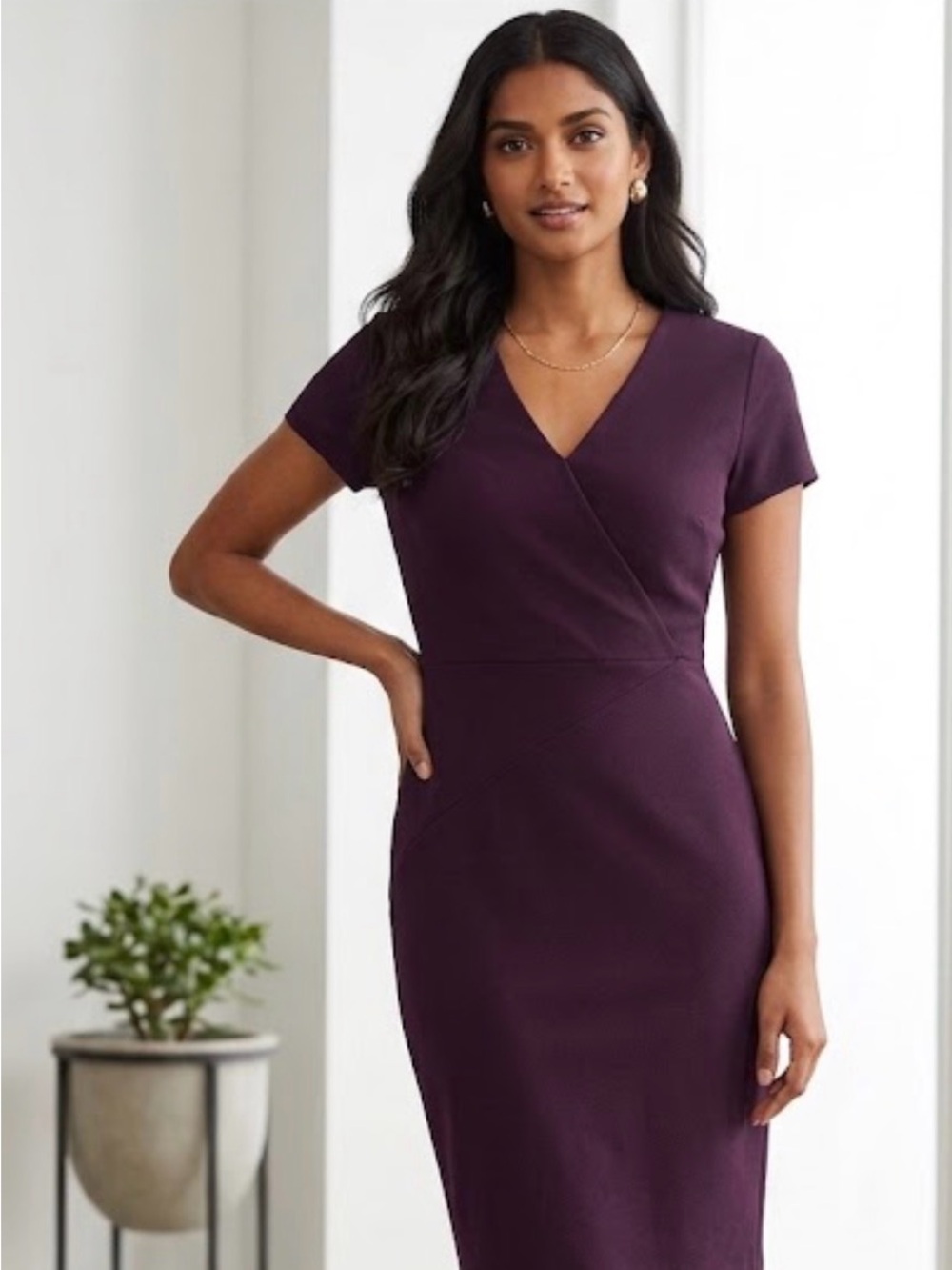 Ann Taylor Plum Wrap-Detail Midi Dress